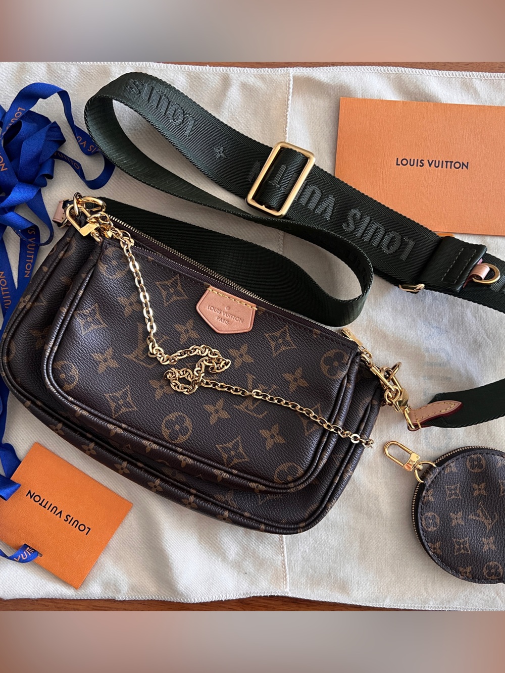 Louis Vuitton Brown Monogram Multi-Pochette with Green Strap and Gold Hardware